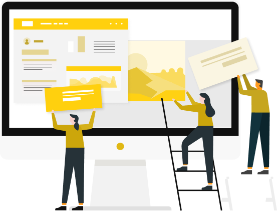 Illustration of two people building a website interface on a large screen.